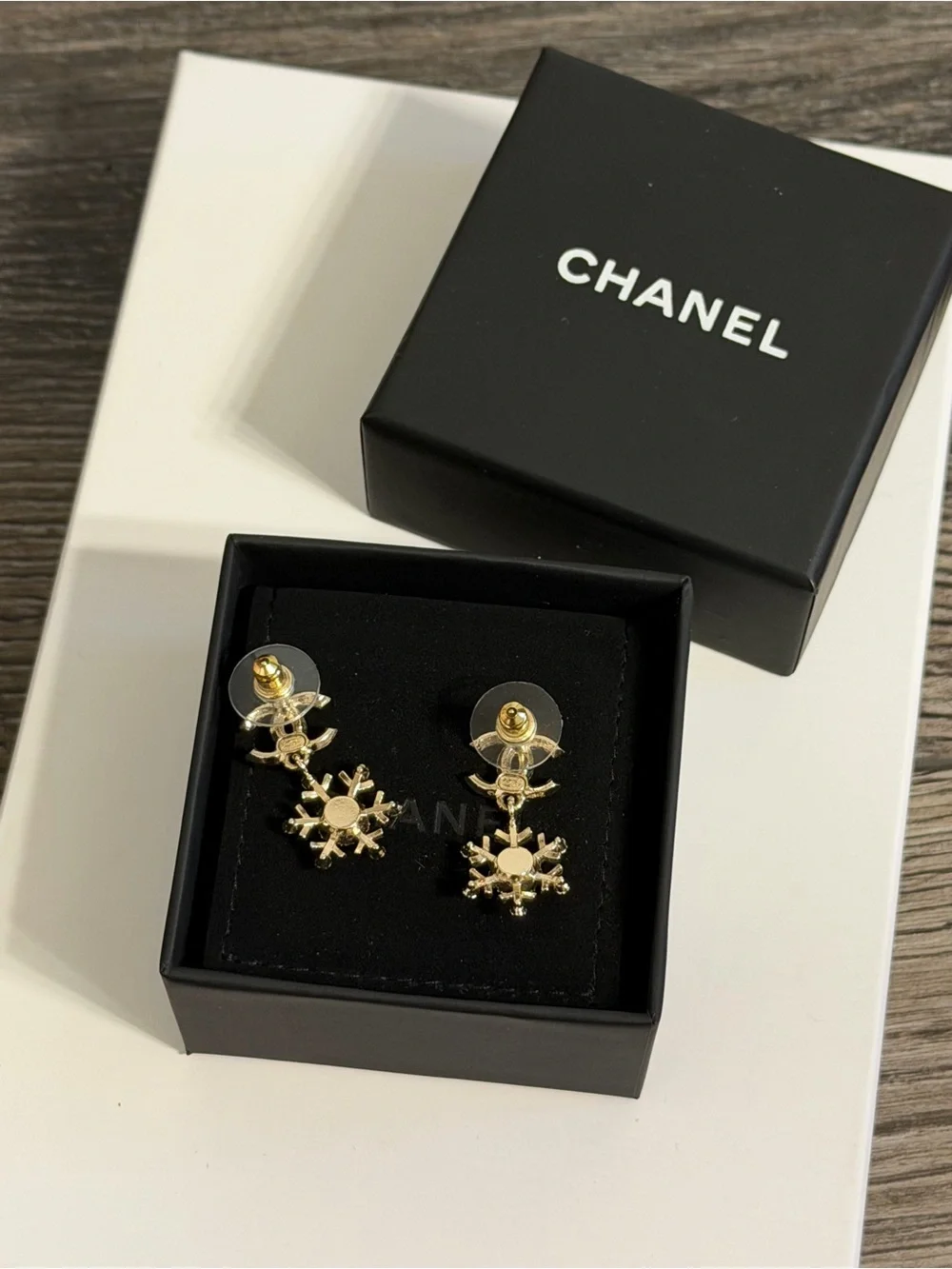 Chanel Gold Crystal CC Snowflake Drop Earrings